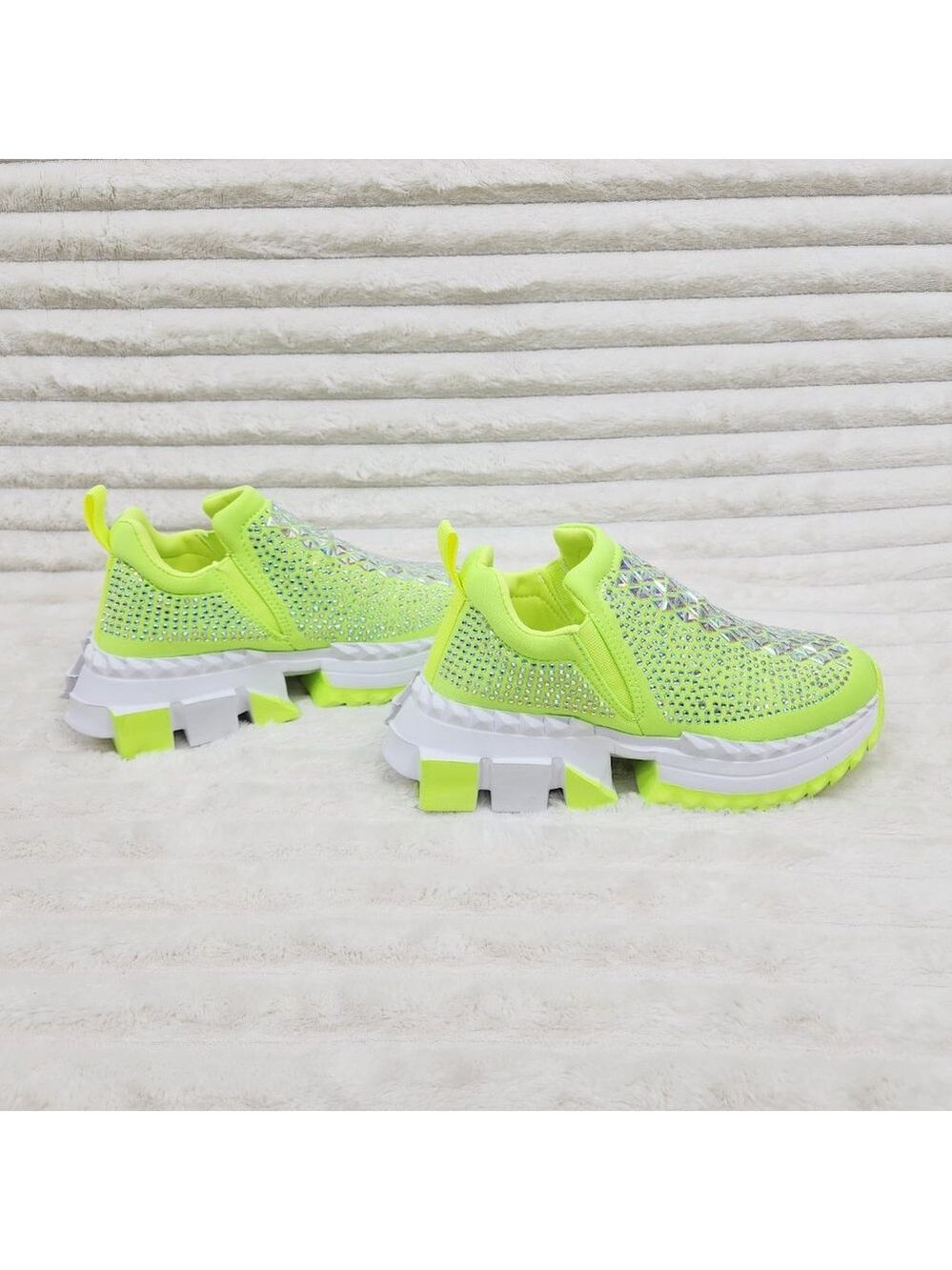 Presto Light Weight Slip on Neon Yellow Rhinestone Sneakers - Running Shoes J